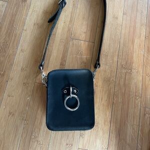 Black Genuine Leather Handmade Crossbody Bag Silver O-Ring - Alt Dark Aesthetic